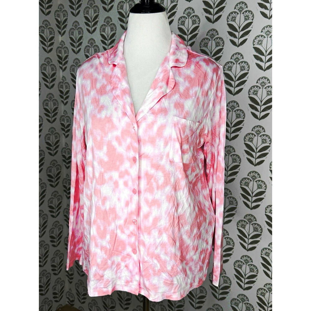 Van Winkle & Co. Women's Pink/White Tie-Dye Collared Button Front Pajama Top XL